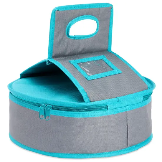 Round Thermal Insulated Casserole Carrier - Food Warmer Bag Container to Keep Food Hot for Lunch, Potluck Dish, Picnics, Pie, Transport (Teal and Grey, 4.5x12.25 in) Blue {1}