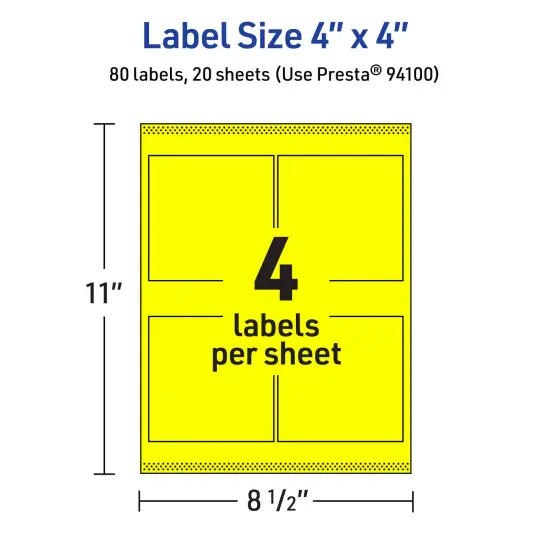 Avery Neon Yellow Paper Labels, 4" x 4" Square {5}