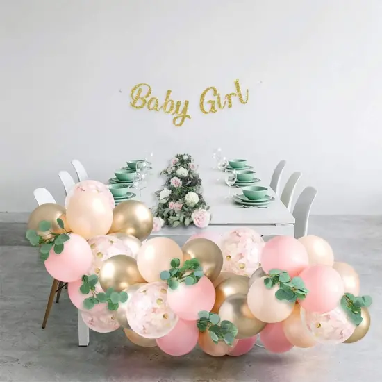 Shower Decorations for Girl with Pink Balloon Arch Garland Kit, Baby Girl Banner Decor, Eucalyptus Boho Greenery Vine, Light Pink, Peach Blush, Gold, Confetti Balloons {2}