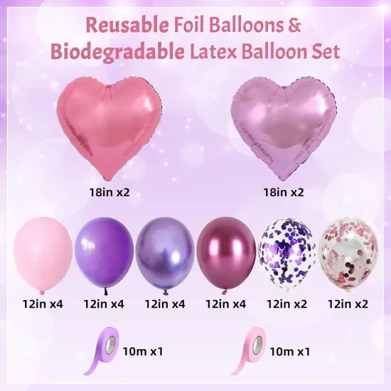 Purple and Pink Balloons Heart Balloons as Princess Birthday Party Decorations, Metallic Magenta Hot Pink Purple Confetti Balloon 18 inch Clear Heart Shape Balloon for Girls Happy Birthday Party Decor {3}