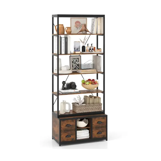 Rustic Brown 8-tier Bookshelf with 4 Fabric Drawers and Heavy-Duty Metal Frame {4}
