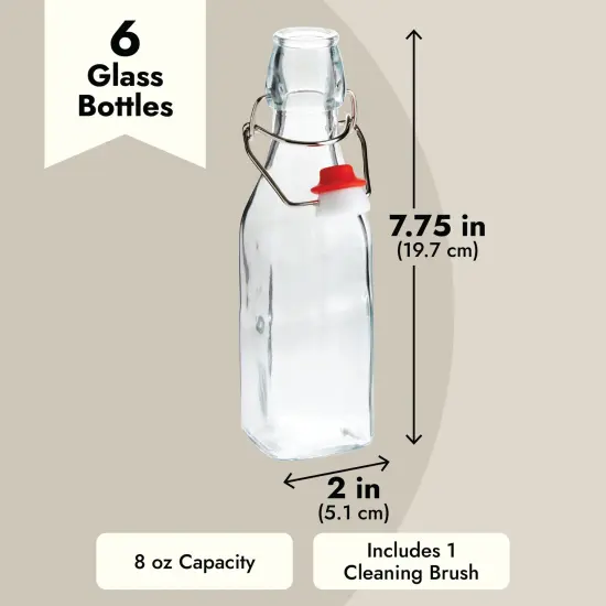 6 Pack 8 oz Swing Top Glass Bottles with Stoppers, Cleaning Brush - Hot Sauce Bottles for Vanilla Extract, Infused Oil, Syrup, Homemade Kombucha Clear {4}