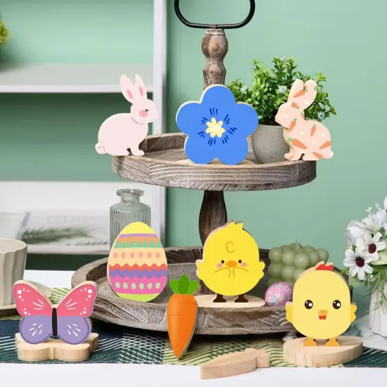 12 Pcs Easter Wooden Cutouts Unfinished Easter Shaped Table Sign Easter Standing Wooden Centerpieces Unpainted Easter Wood Blocks for DIY Crafts School Art Projects Easter Spring Decor,6 Style {4}