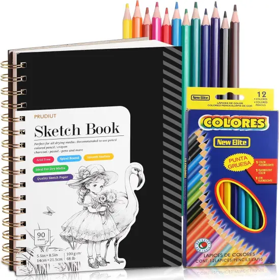 Sketch Book with 12 Color Pencil Set, 100 Sheets Spiral Sketchbook for Drawing (68lb/100gsm), Acid-Free Sketch Pad for Kids Artist, Art Paper Drawing Supplies {1}