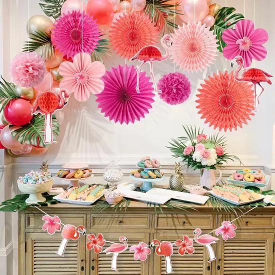 Summer Flamingo Party Decorations Pink Hanging Paper Fans for Tropical Party Decorations Flamingo Flowers Garland Party Kit for Summer Hawaiian Luau Tiki Tropical Jungle Themed Party Decorations {5}