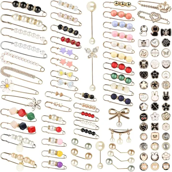 140PCS Pearl Brooch, Pant Waist Tightener, Safety Pin for Clothes, Faux Pearl Brooches for Women, Fashion Cover Up Buttons Clothing Dresses Decoration Accessories Pant Waist Tightener Safety Pins {1}