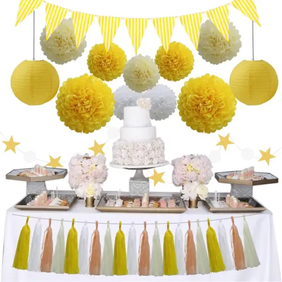 33pcs Party Decoration Supplies Set, Yellow Tissue Paper Pom Poms Flowers Paper Lanterns Tassels Hanging Garland Banner Triangle Flag Bunting for Birthday, Bridal, Baby Shower, Wedding Graduation {4}