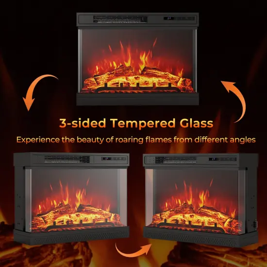 Black 24 Inches 3-Sided Glass Electric Fireplace Heater with Remote Control {6}