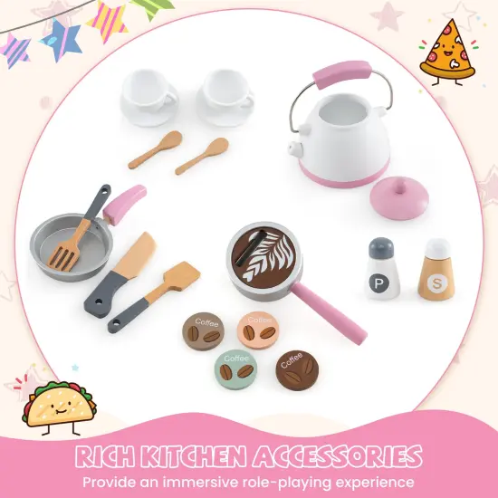 Wooden Corner Play Kitchen with Coffee Machine, Slide, and Storage for Kids Pink {6}