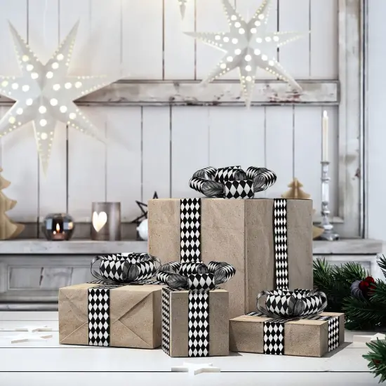 2 Rolls Christmas Checkered Ribbon Black and White Check Ribbon Diamond Check Wired Edge Ribbon Diamond Pattern Decorative Ribbons for Christmas Fall Tree Wrapping DIY Crafts (2.6 Inch) {5}