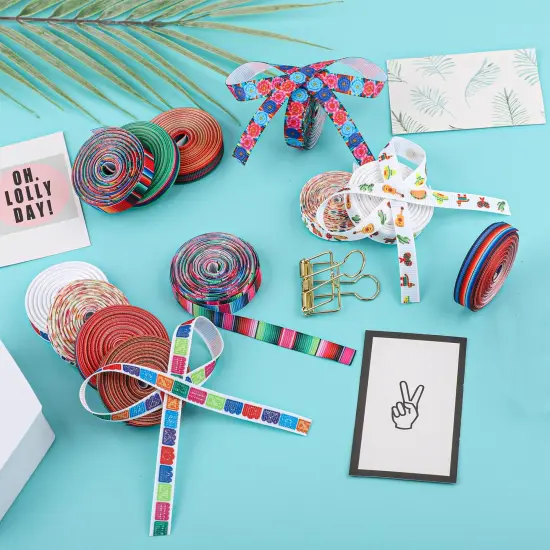 12 Rolls Fiesta Ribbon 3/8 Inch Mexican Serape Grosgrain Ribbons Colorful Stripes Pinata Cactus Guitar Decorative Ribbon for Cinco De Mayo Fiesta Party Mexican Theme Party Events, 60 Yards {6}