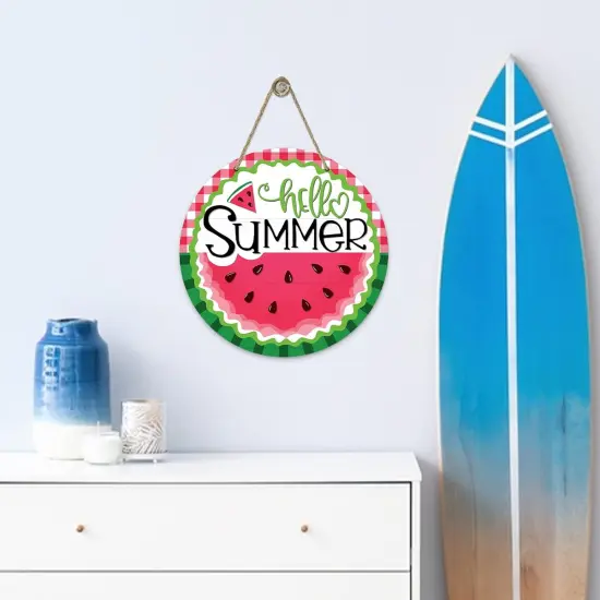 Hello Summer Watermelon Sign for Front Door, Red Buffalo Plaid Check Green Stripes Wood Door Hanger Outdoor Outside Porch Decor, Seasonal Farmhouse Wooden Wreath Indoor Wall Hanging Decoration {5}