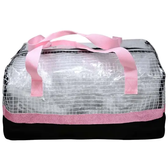 Girls Clear Checkered PVC Duffel Bag with Glitter Trim, Handles and 300D Black Polyester Bottom, Carry-On Overnight Travel Kids Backpack {1}
