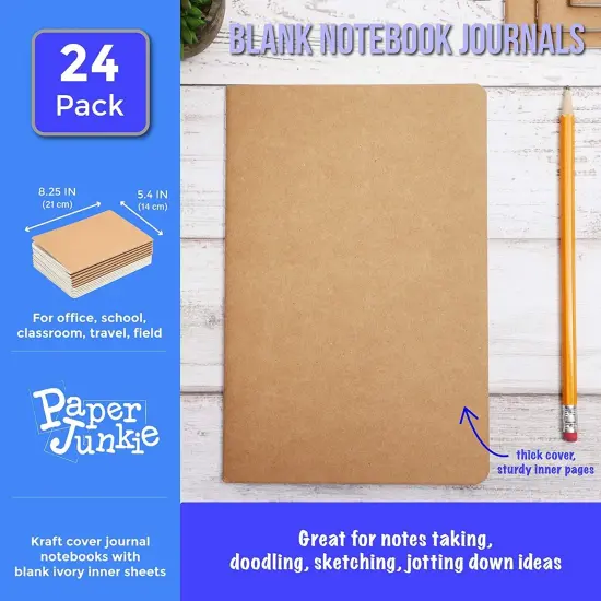 24 Pack Blank Journals for Kids, Bulk Sketchbooks for Students, Art, Writing Stories, A5 Kraft Paper Notebooks (5.5 x 8.3 In) Brown {5}