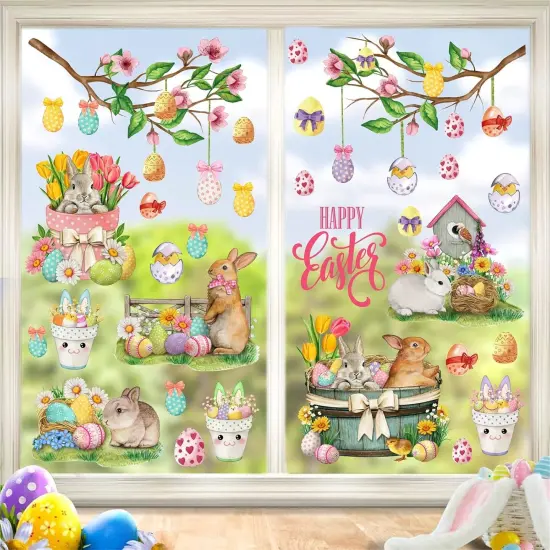 Happy Easter Wall Stickers Bunny Rabbit Wall Decals Peel and Stick Wall Art Decal Easter Egg Wall Decal Spring Flower Tree Branch Window Clings for Kids Room Nursery Living Room Kitchen Decor Gifts {5}