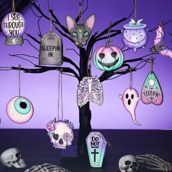 36 Pcs Halloween Wooden Ornaments Cute Purple Pink Spooky Tree Ornaments - Cute {2}