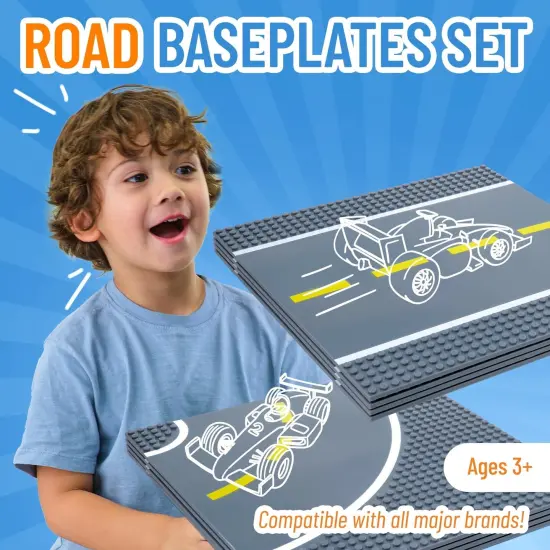 Strictly Briks Building Blocks Road Plates 10" x 10", 8 Pack Kids Brick Baseplates for City Road, Street, Race Track, Compatible with All Major Brands Classic Size (4 Straight & 4 Curved), Ages 3-14 Grey {2}