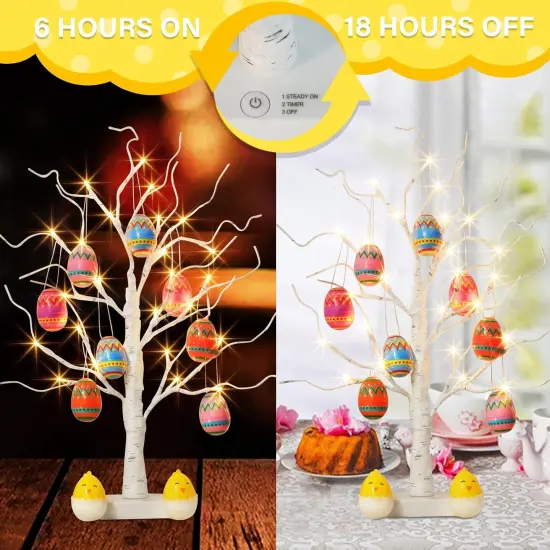 Easter Decorations, Easter Tree with 10pcs Eggs Ornaments, Lighted White Birch Tree with Timer Battery Powered, Twig Tree Tabletop Centerpiece Spring Decorations for Home Kids (2FT/24 LED) {4}