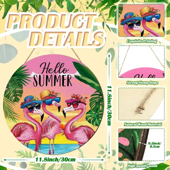 3 Pcs Hello Summer Door Sign 12 Inch Summer Wooden Welcome Sign Front Decoration Flamingo Swimming Pool Ice Cream Door Hanger for Home Porch Holiday Hanging Decor {2}