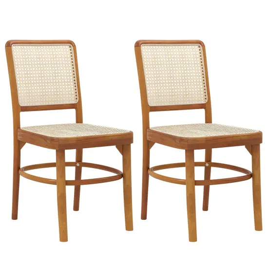 Set of 2 Dining Chairs Rattan with Teak Wood Structure and Footrests {1}