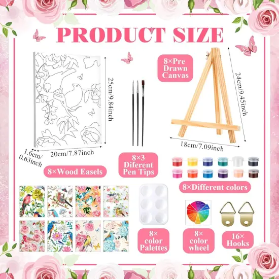 8 Sets Flower and Bird Pre Drawn Canvas Painting Kits - 8" x 10" {2}