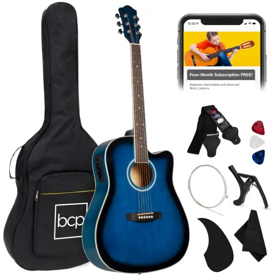 Best Choice Products Beginner Acoustic Electric Guitar Starter Set 41in w/ All Wood Cutaway Design, Case Black {7}