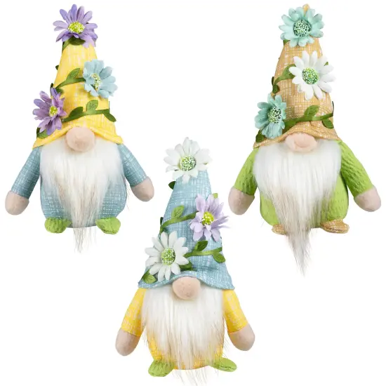 Northlight Mini Plush Gnomes with Floral Hat Spring Decorations - 7" - Set of 3 Blue {3}