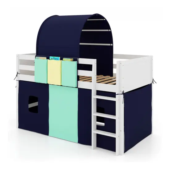 Twin Size Playhouse Loft Bed Frame with Tower Tent and 3 Storage Pockets for Kids Turquoise {8}