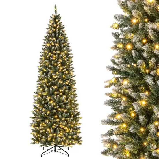 Costway 6FT/9FT Pre-Lit Christmas Tree Hinged Slim Pencil Xmas with 250/500 LED Lights {8}