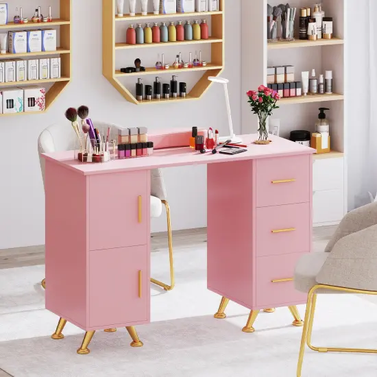 Wooden Manicure Table Nail Desk with Drawers Wrist Rest Pink {1}