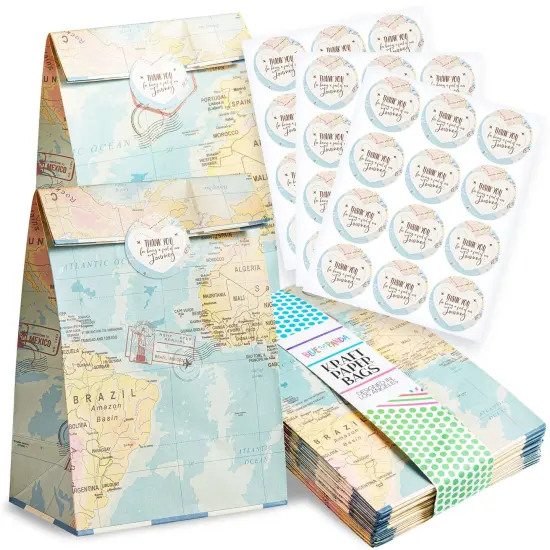 Blue Panda 36 Pack World Map Travel Favor Bags with Stickers Gift Bag for Travel Themed Party Decorations, Birthday Baby Shower Goodie Bags for Kids 8.7 x 5.15 x 5.15 inch {1}