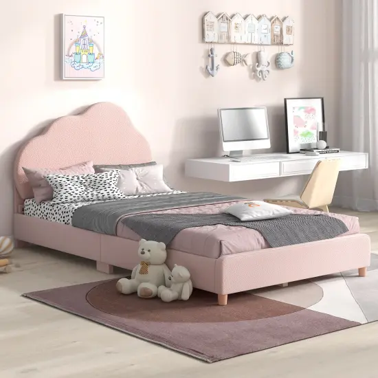 Velvet Kids Twin Bed with Adjustable Headboard Sturdy Wooden Frame and Soft Upholstery Gradient Pink {3}