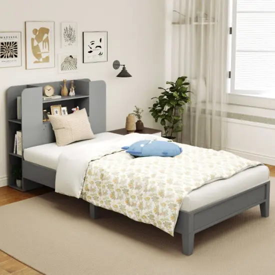 Wooden Twin Bed Frame with Bookcase Headboard Storage Shelves and Under-bed Space Grey {6}