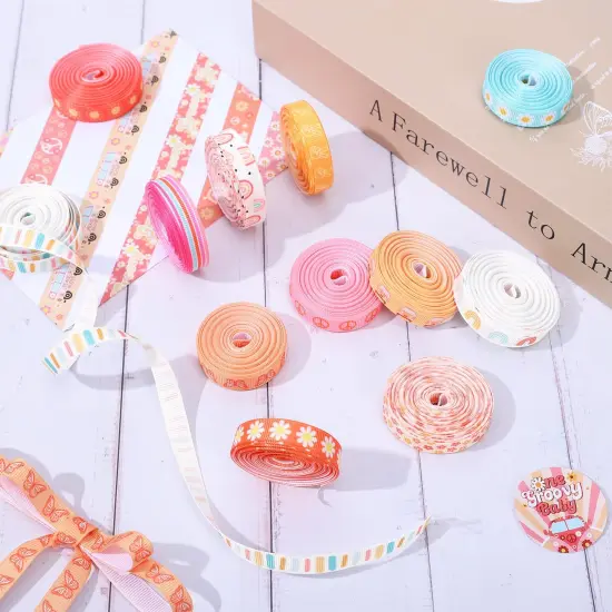 12 Rolls Groovy Retro Hippie Boho Ribbon Rainbow Butterfly Daisy Flower Craft Ribbon 60 Yards 3/8 Inch Printed Grosgrain Fabric Ribbon for Wreath Bow Making DIY Crafts Wrapping {6}