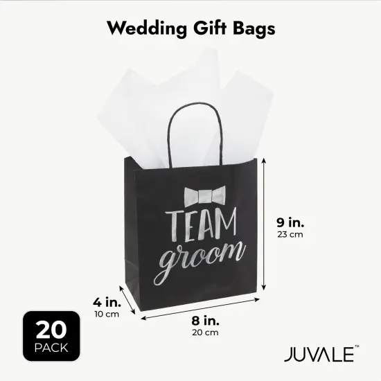 20 Pack Bride and Groom Gift Bags with Tissue Paper for Wedding, Groomsmen, Bridesmaid, Reads Team Bride and Team Groom (8 x 4 x 9 In) {6}