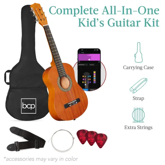 Best Choice Products 30in Kids Acoustic Guitar Beginner Starter Kit with Strap, Case, Strings Natural Mahogany {3}
