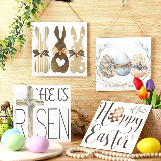 4 Pcs Easter Wall Decor He Is Risen Door Sign Bunny Egg Wood Wall Hanging Plaque Rustic Easter Welcome Door Sign Farmhouse Easter Wall Pediments Decorations for Easter Home Front Door Decor {2}