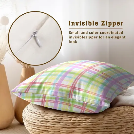 Easter Throw Pillow Covers 18x18 inch Watercolor Colorful Buffalo Plaid Checked Cushion Pillow Cases {3}