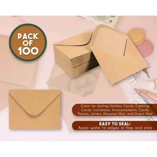 Juvale 100-Pack A2 Envelopes for Card Making Bulk - 5 x 4 Inch Kraft Paper Envelopes for Party Invitations, RSVP, Wedding, Baby Shower, Photos - 4 3/8 x 5 3/4 V-Flap Brown {4}