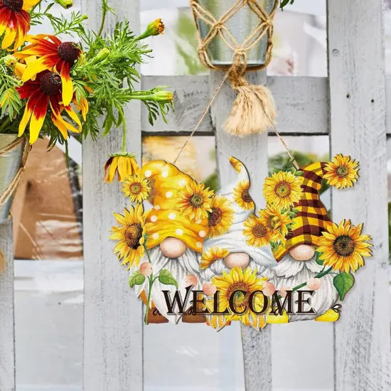 Sunflower Welcome Wood Door Hanger Wooden Gnome Sign Farmhouse Wall Porch Art Summer Fall Front Door Wreath Hanging for Bedroom Living Room Indoor Outdoor Kitchen Home Decor {4}