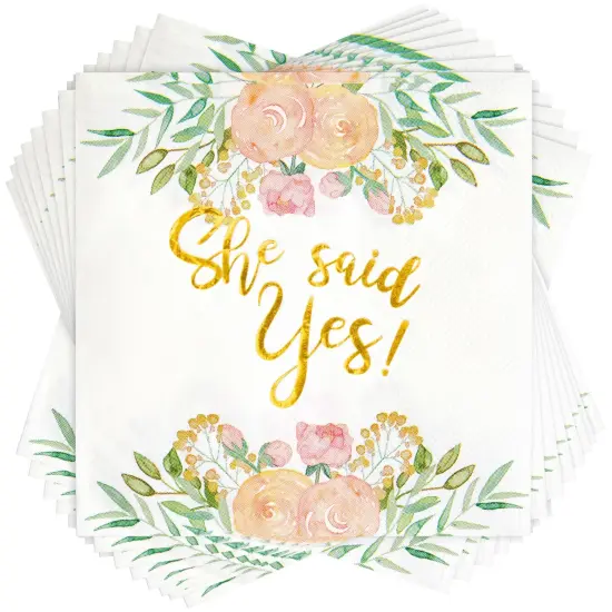50 Pack Gold Foil She Said Yes Napkins for Engagement Party Supplies, Bridal Shower Decorations, Luncheon, Wedding Decor, Disposable, 3-Ply (White, 5 x 5 Inches) {1}