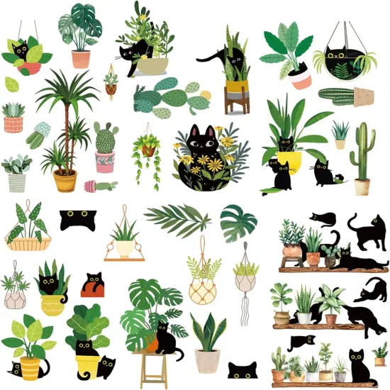 6 Sheets Black Cats Green Plants Window Stickers {2}