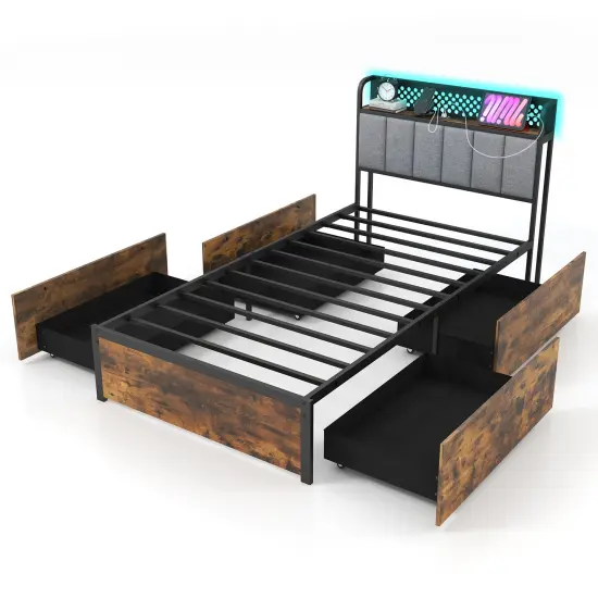 Twin/Full/Queen Bed Frame with LED Lights Upholstered Headboard and 4 Storage Drawers-Twin size {3}