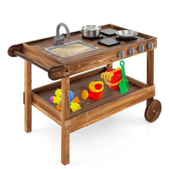 Wooden Outdoor Movable Mud Kitchen with 2 Rolling Wheels and Push Handle {4}