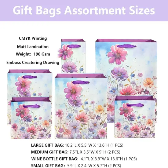 6 Pack Purple Flowers Pattern Embossed Paper Gift Bag with Handles, Assorted Paper Bags with 8 Pcs Tissue Paper for Girls/Women Baby Shower {4}