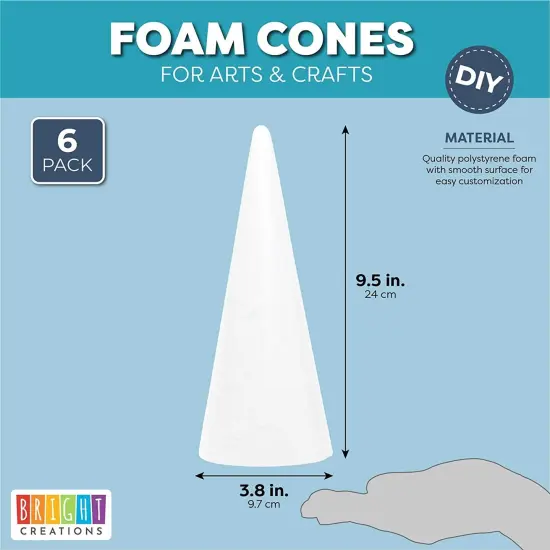 6 Pack Foam Cones for Crafts, DIY Art Projects, Handmade Gnomes, Trees, Holiday Decorations (3.8 x 9.5 in) {6}