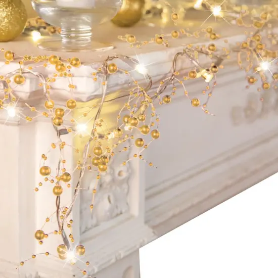 Indoor Christmas Decorations, Festive Lighted Berry Beaded Garland Gold- 120" L {1}