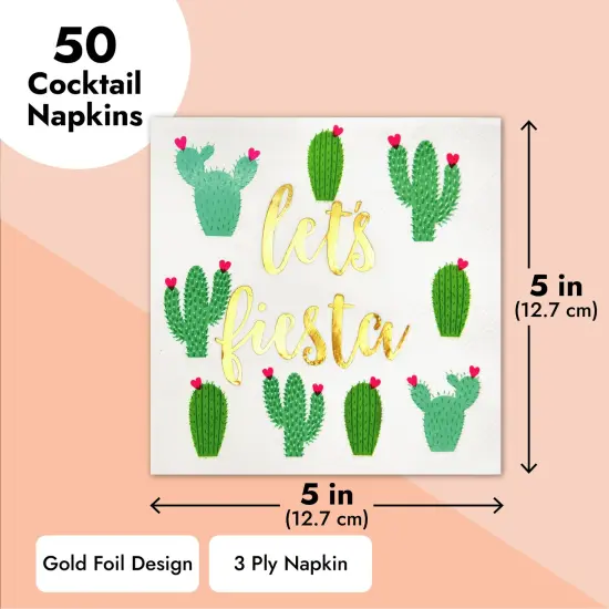 50 Pack Let’s Fiesta Taco Napkins for Party, Cinco De Mayo Party Decorations, Paper Margarita Napkins (5x5 In) {5}