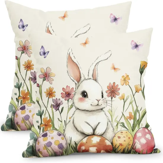 Happy Easter Pillow Covers 18x18 Inch Cute Bunny Easter Egg and Floral Outdoor Throw Pillows Set of 2 Spring Flowers Pillowcases {1}