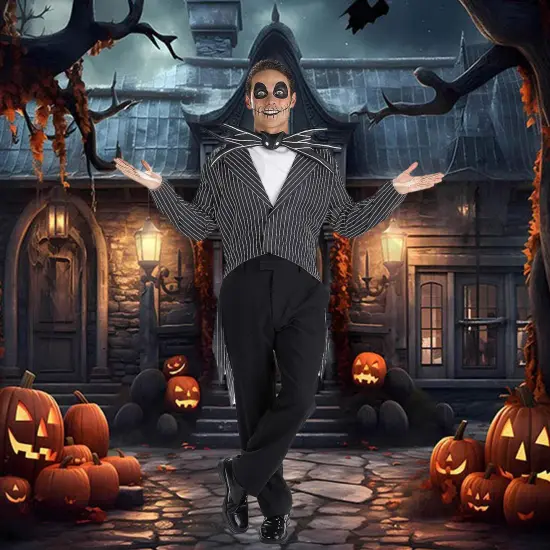 Jack Skellington Scary Costume Halloween Nightmare Before Christmas Jacket Bow Tie Ascot Set {4}